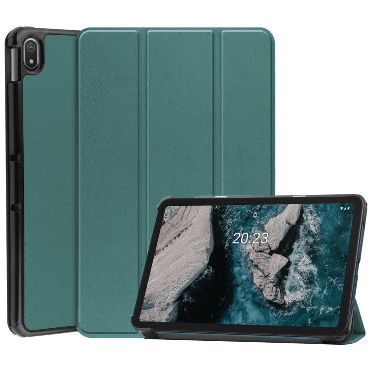 For Nokia T20 Three-folding Holder Custer Texture Leather Tablet Case(Dark Green) - Nokia by buy2fix | Online Shopping UK | buy2fix