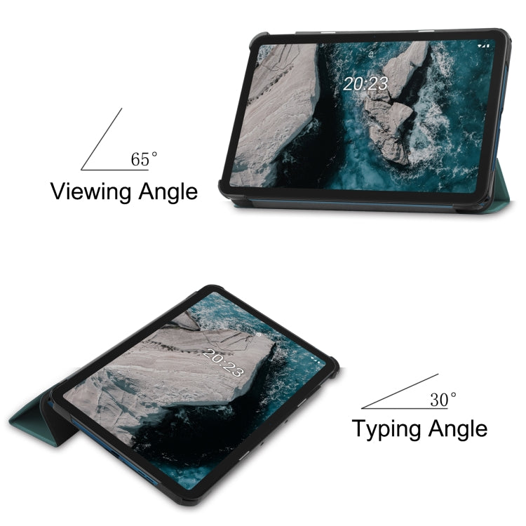 For Nokia T20 Three-folding Holder Custer Texture Leather Tablet Case(Dark Green) - Nokia by buy2fix | Online Shopping UK | buy2fix