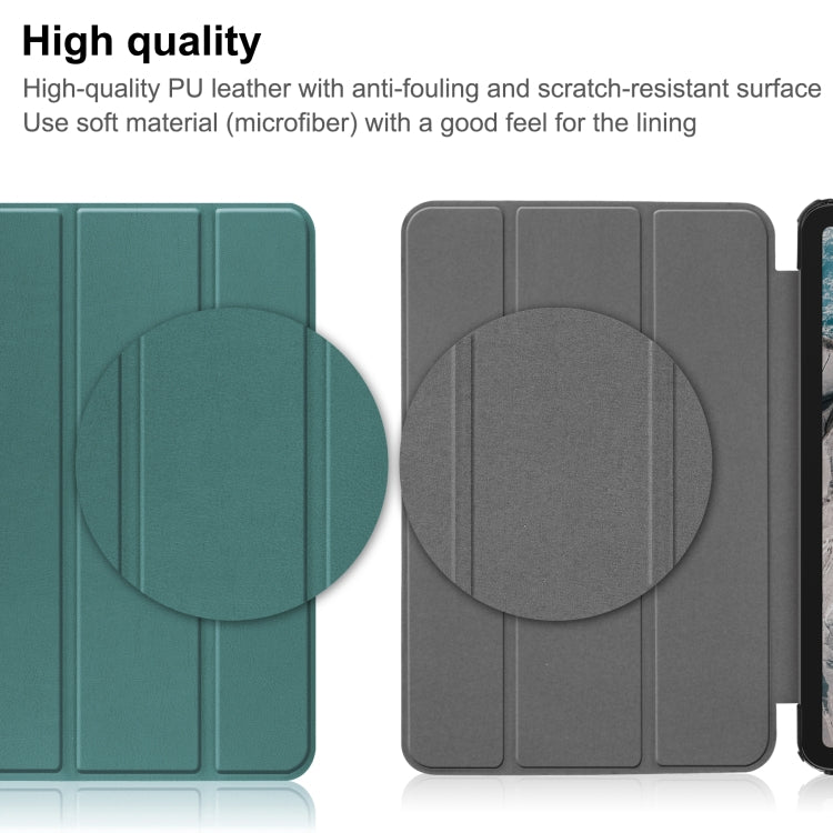 For Nokia T20 Three-folding Holder Custer Texture Leather Tablet Case(Dark Green) - Nokia by buy2fix | Online Shopping UK | buy2fix