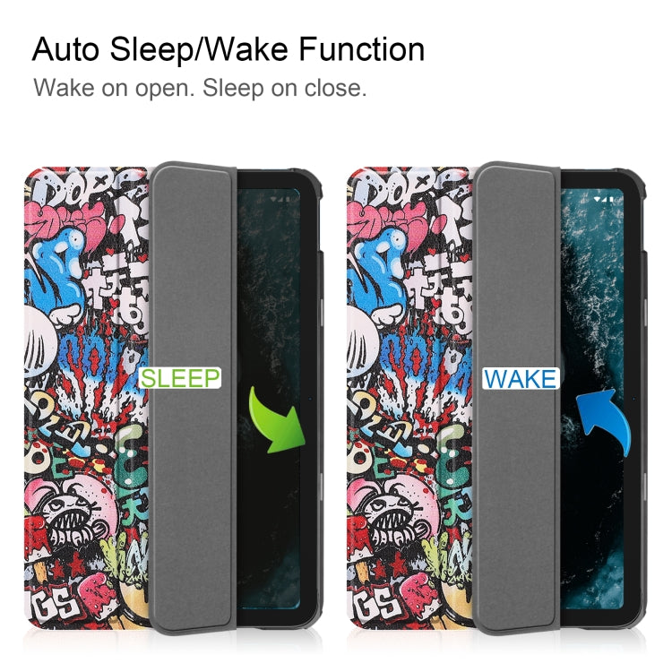 For Nokia T20 Painted Leather Tablet Case with 3-Fold Holder(Graffiti) by buy2fix