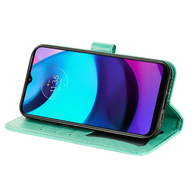 For Motorola Moto E20 / E30 / E40 7-petal Flowers Embossing Pattern Horizontal Flip CasePhone Case(Green) - Motorola Cases by buy2fix | Online Shopping UK | buy2fix