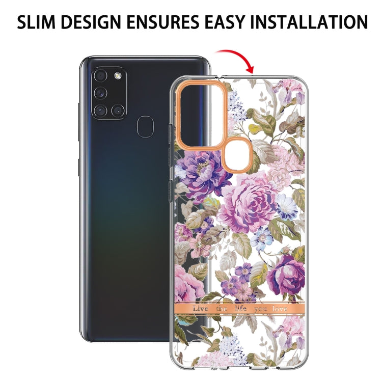 For Samsung Galaxy A21s Flowers and Plants Series IMD TPU Phone Case(Purple Peony) by buy2fix