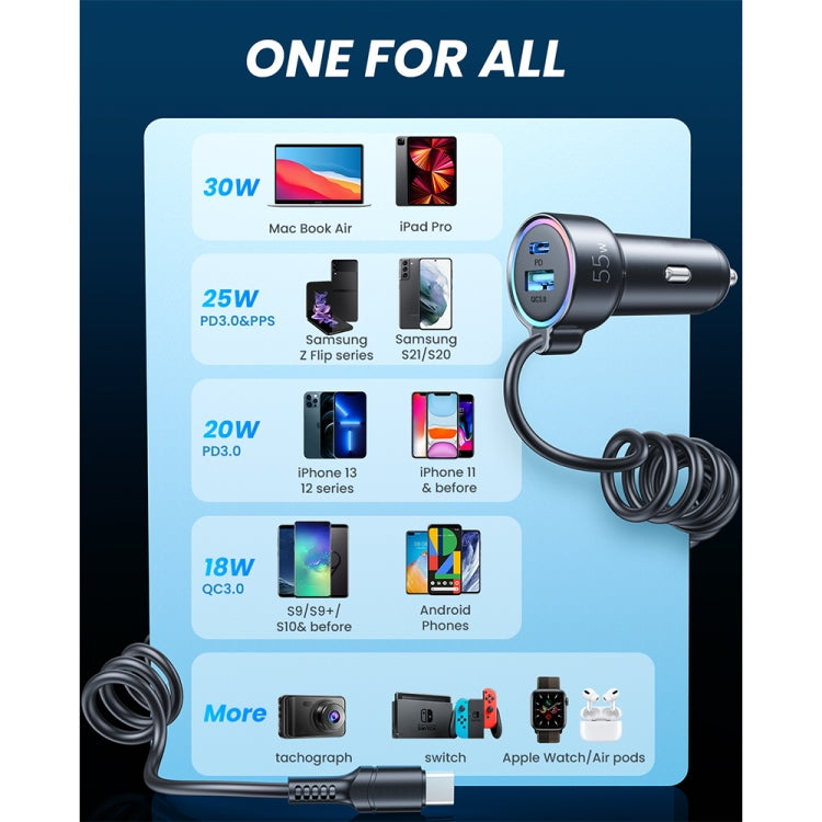 JOYROOM JR-CL07 3 in 1 72W PD USB-C / Type-C + USB Interface Car Charger with USB-C / Type-C Spring Data Cable(Black) by JOYROOM