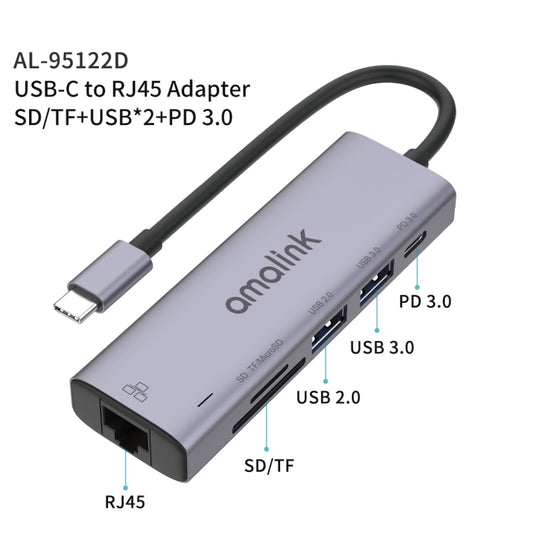amalink 95122D Type-C / USB-C to RJ45 + 2 Ports USB + PD 3.0 Multi-function HUB(Grey) by amalink