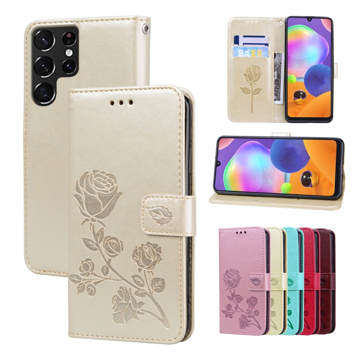For Samsung Galaxy S22 Ultra 5G Rose Embossed Leather Phone Case(Gold) - Galaxy S22 Ultra 5G Cases by buy2fix | Online Shopping UK | buy2fix