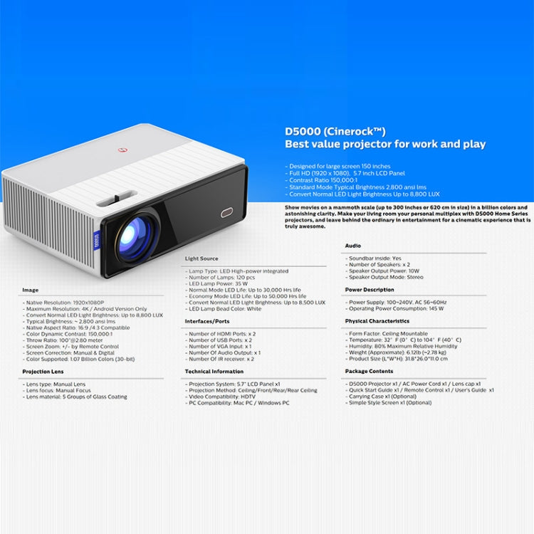 VIVIBRIGHT D5000 1920x1080P 420ANSI 6000Lumens LCD + LED HD Digital Projector, Basic Version EU Plug - LED Projector by VIVIBRIGHT | Online Shopping UK | buy2fix