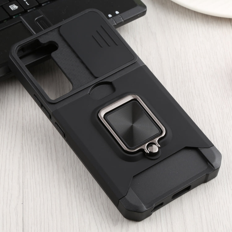 For Samsung Galaxy S22 5G Sliding Camera Cover Design PC + TPU Shockproof Phone Case with Ring Holder & Card Slot(Black) - Galaxy S22 5G Cases by buy2fix | Online Shopping UK | buy2fix