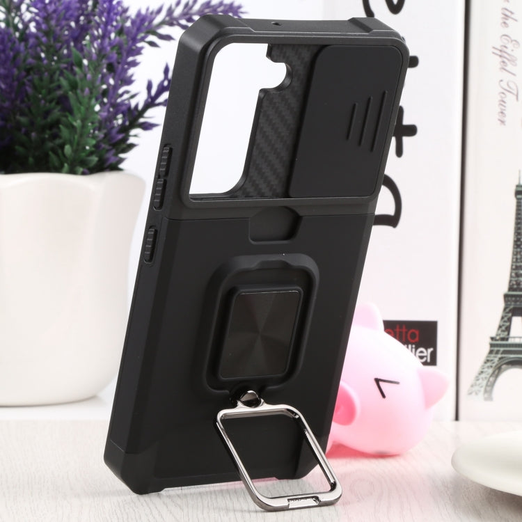 For Samsung Galaxy S22 5G Sliding Camera Cover Design PC + TPU Shockproof Phone Case with Ring Holder & Card Slot(Black) - Galaxy S22 5G Cases by buy2fix | Online Shopping UK | buy2fix