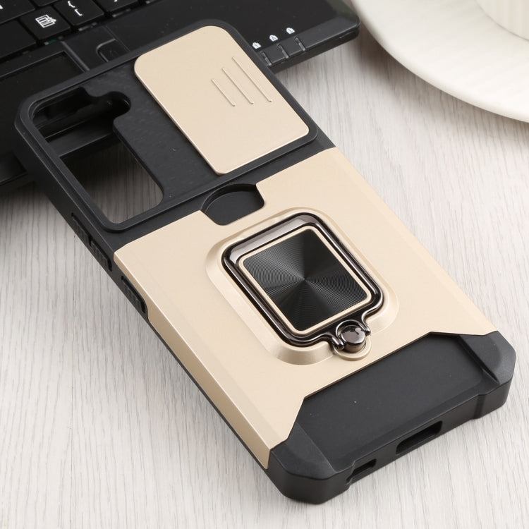 For Samsung Galaxy S22 5G Sliding Camera Cover Design PC + TPU Shockproof Phone Case with Ring Holder & Card Slot(Gold) - Galaxy S22 5G Cases by buy2fix | Online Shopping UK | buy2fix
