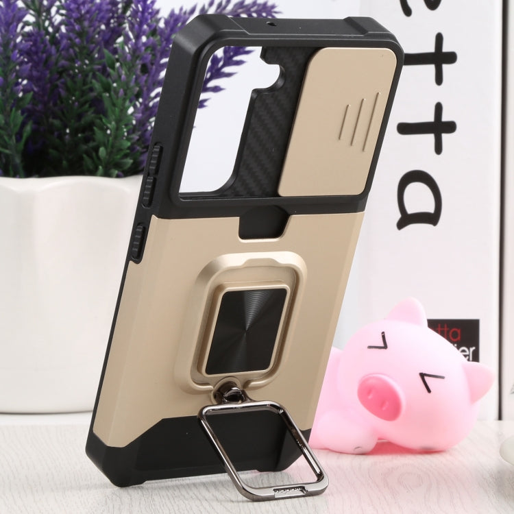 For Samsung Galaxy S22 5G Sliding Camera Cover Design PC + TPU Shockproof Phone Case with Ring Holder & Card Slot(Gold) - Galaxy S22 5G Cases by buy2fix | Online Shopping UK | buy2fix