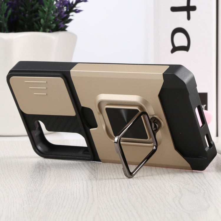 For Samsung Galaxy S22 5G Sliding Camera Cover Design PC + TPU Shockproof Phone Case with Ring Holder & Card Slot(Gold) - Galaxy S22 5G Cases by buy2fix | Online Shopping UK | buy2fix