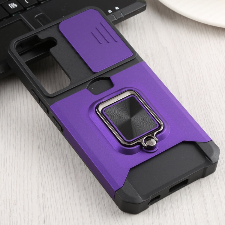 For Samsung Galaxy S22 5G Sliding Camera Cover Design PC + TPU Shockproof Phone Case with Ring Holder & Card Slot(Purple) - Galaxy S22 5G Cases by buy2fix | Online Shopping UK | buy2fix