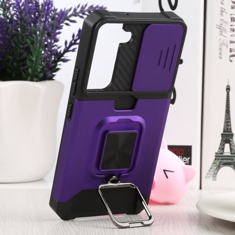 For Samsung Galaxy S22 5G Sliding Camera Cover Design PC + TPU Shockproof Phone Case with Ring Holder & Card Slot(Purple) - Galaxy S22 5G Cases by buy2fix | Online Shopping UK | buy2fix