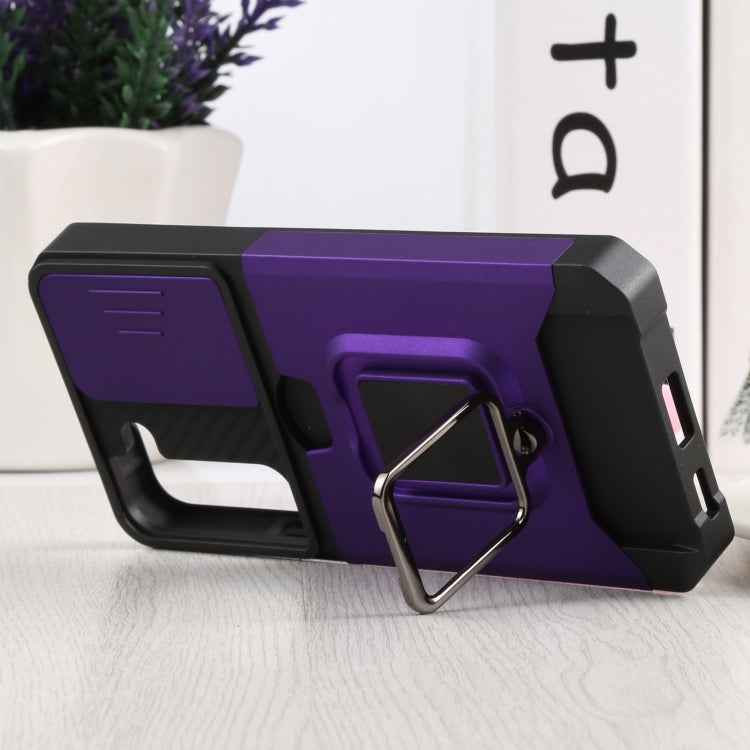 For Samsung Galaxy S22 5G Sliding Camera Cover Design PC + TPU Shockproof Phone Case with Ring Holder & Card Slot(Purple) - Galaxy S22 5G Cases by buy2fix | Online Shopping UK | buy2fix