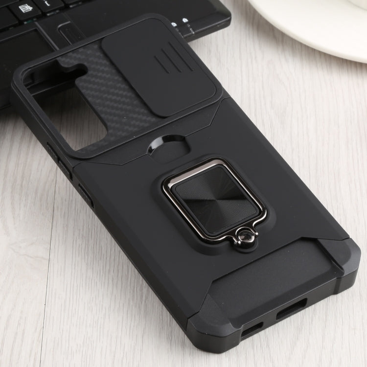 For Samsung Galaxy S22+ 5G Sliding Camera Cover Design PC + TPU Shockproof Phone Case with Ring Holder & Card Slot(Black) - Galaxy S22+ 5G Cases by buy2fix | Online Shopping UK | buy2fix