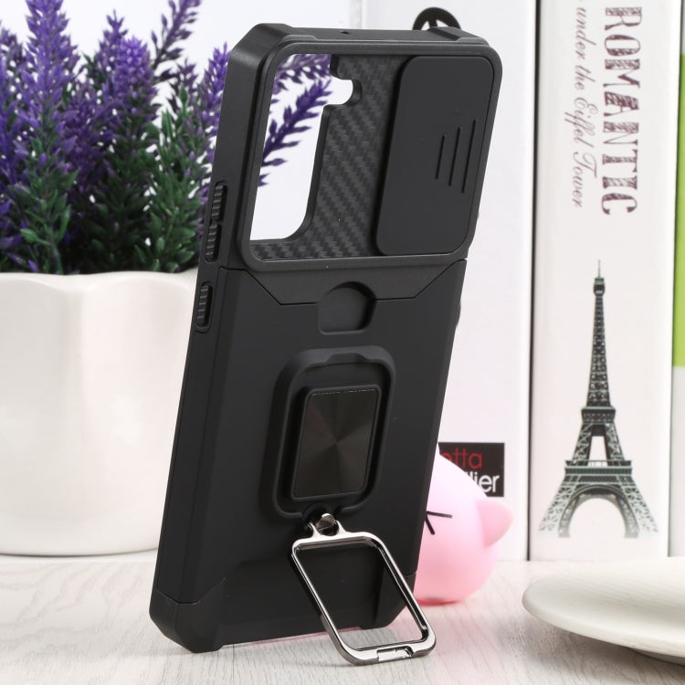 For Samsung Galaxy S22+ 5G Sliding Camera Cover Design PC + TPU Shockproof Phone Case with Ring Holder & Card Slot(Black) - Galaxy S22+ 5G Cases by buy2fix | Online Shopping UK | buy2fix