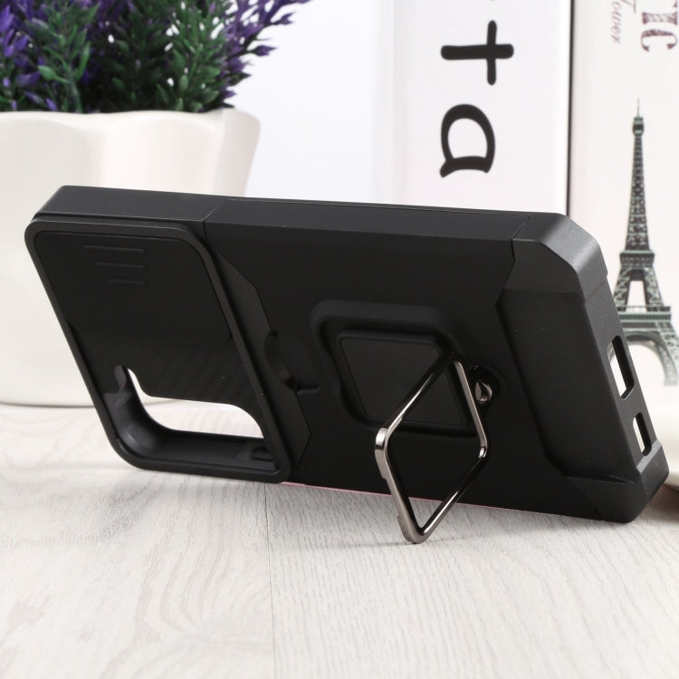 For Samsung Galaxy S22+ 5G Sliding Camera Cover Design PC + TPU Shockproof Phone Case with Ring Holder & Card Slot(Black) - Galaxy S22+ 5G Cases by buy2fix | Online Shopping UK | buy2fix