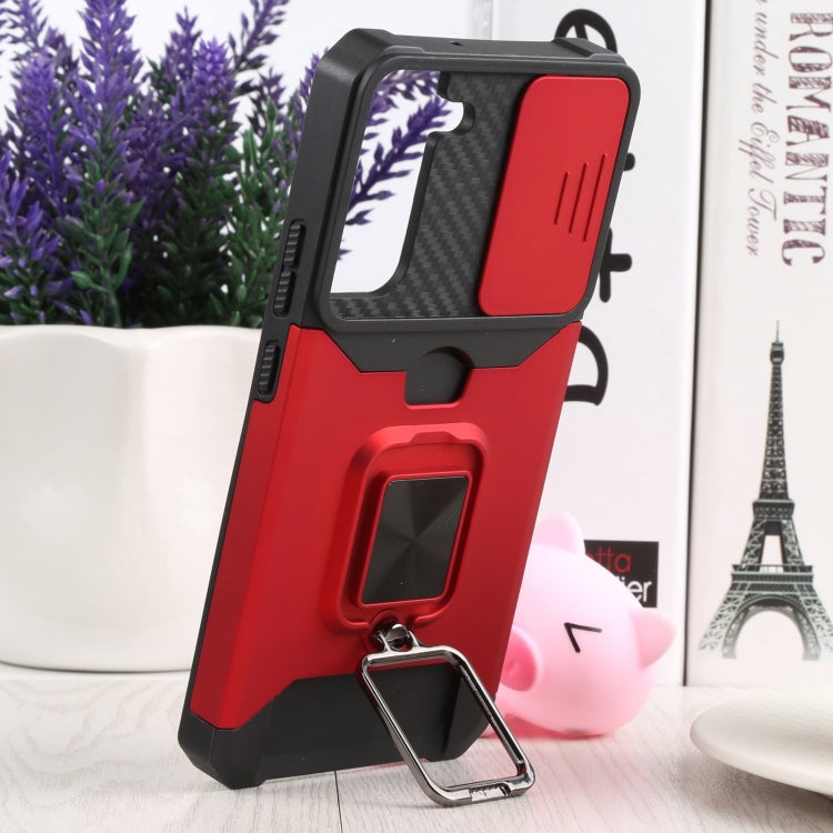 For Samsung Galaxy S22+ 5G Sliding Camera Cover Design PC + TPU Shockproof Phone Case with Ring Holder & Card Slot(Red) - Galaxy S22+ 5G Cases by buy2fix | Online Shopping UK | buy2fix