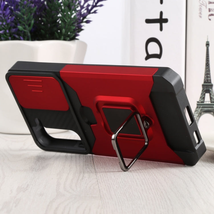 For Samsung Galaxy S22+ 5G Sliding Camera Cover Design PC + TPU Shockproof Phone Case with Ring Holder & Card Slot(Red) - Galaxy S22+ 5G Cases by buy2fix | Online Shopping UK | buy2fix