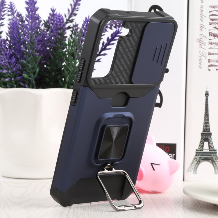 For Samsung Galaxy S22+ 5G Sliding Camera Cover Design PC + TPU Shockproof Phone Case with Ring Holder & Card Slot(Blue) - Galaxy S22+ 5G Cases by buy2fix | Online Shopping UK | buy2fix