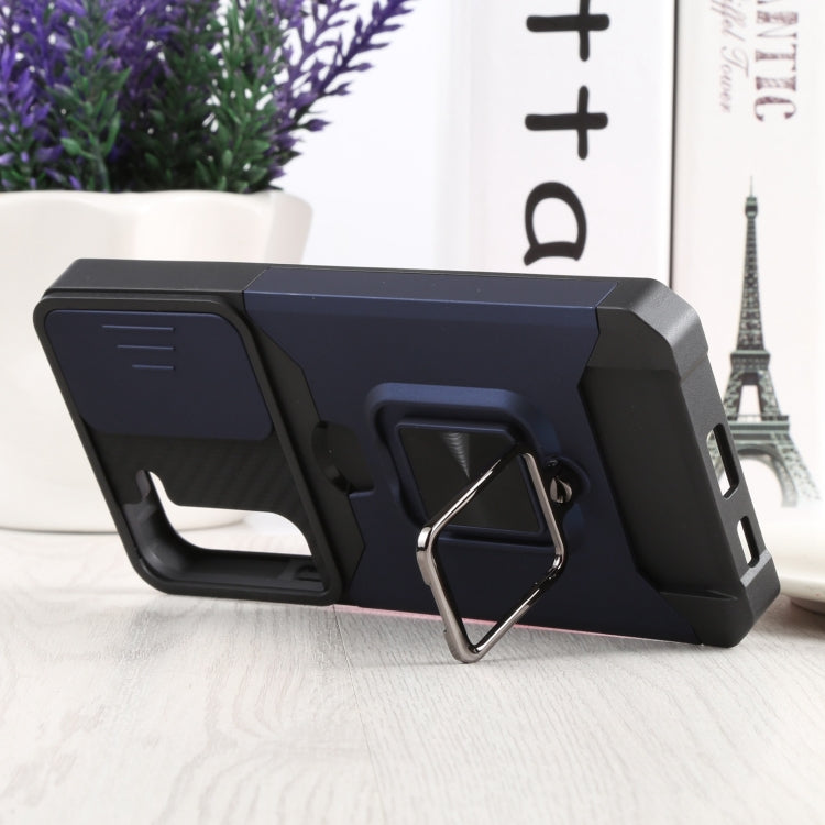 For Samsung Galaxy S22+ 5G Sliding Camera Cover Design PC + TPU Shockproof Phone Case with Ring Holder & Card Slot(Blue) - Galaxy S22+ 5G Cases by buy2fix | Online Shopping UK | buy2fix