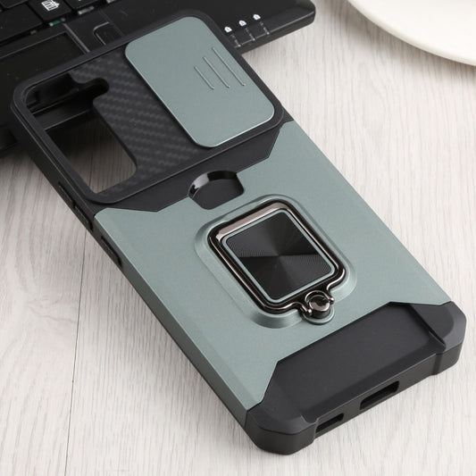 For Samsung Galaxy S22+ 5G Sliding Camera Cover Design PC + TPU Shockproof Phone Case with Ring Holder & Card Slot(Dark Green) by buy2fix