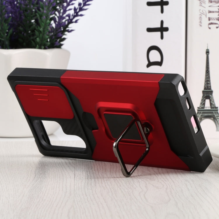 For Samsung Galaxy S22 Ultra 5G Sliding Camera Cover Design PC + TPU Shockproof Phone Case with Ring Holder & Card Slot(Red) by buy2fix