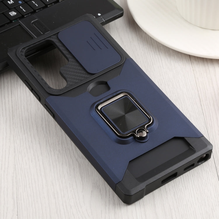 For Samsung Galaxy S22 Ultra 5G Sliding Camera Cover Design PC + TPU Shockproof Phone Case with Ring Holder & Card Slot(Blue) - Galaxy S22 Ultra 5G Cases by buy2fix | Online Shopping UK | buy2fix