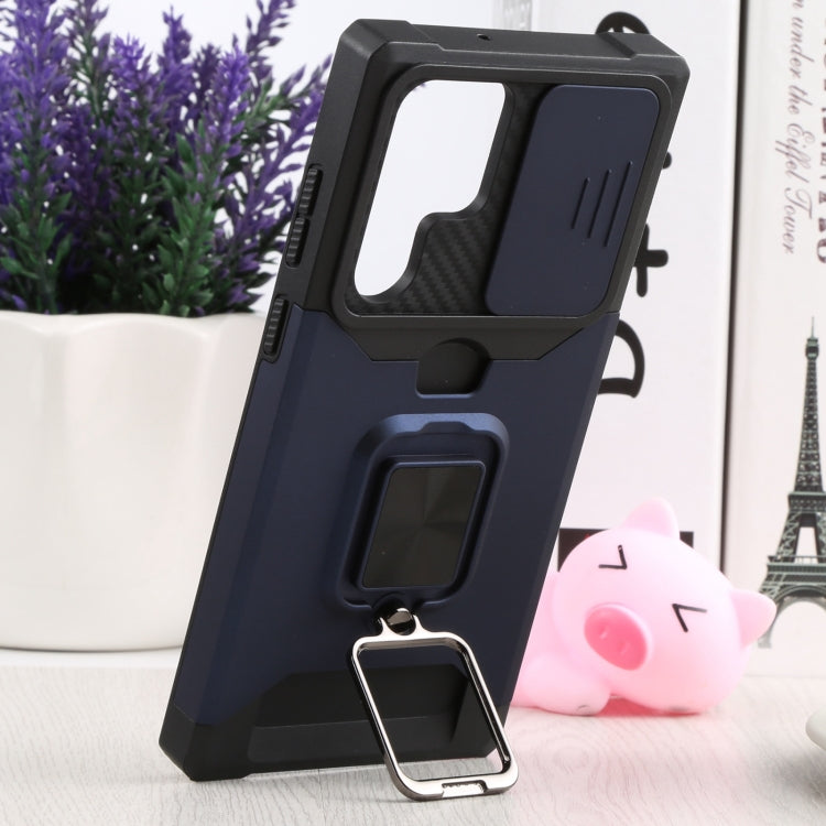 For Samsung Galaxy S22 Ultra 5G Sliding Camera Cover Design PC + TPU Shockproof Phone Case with Ring Holder & Card Slot(Blue) - Galaxy S22 Ultra 5G Cases by buy2fix | Online Shopping UK | buy2fix