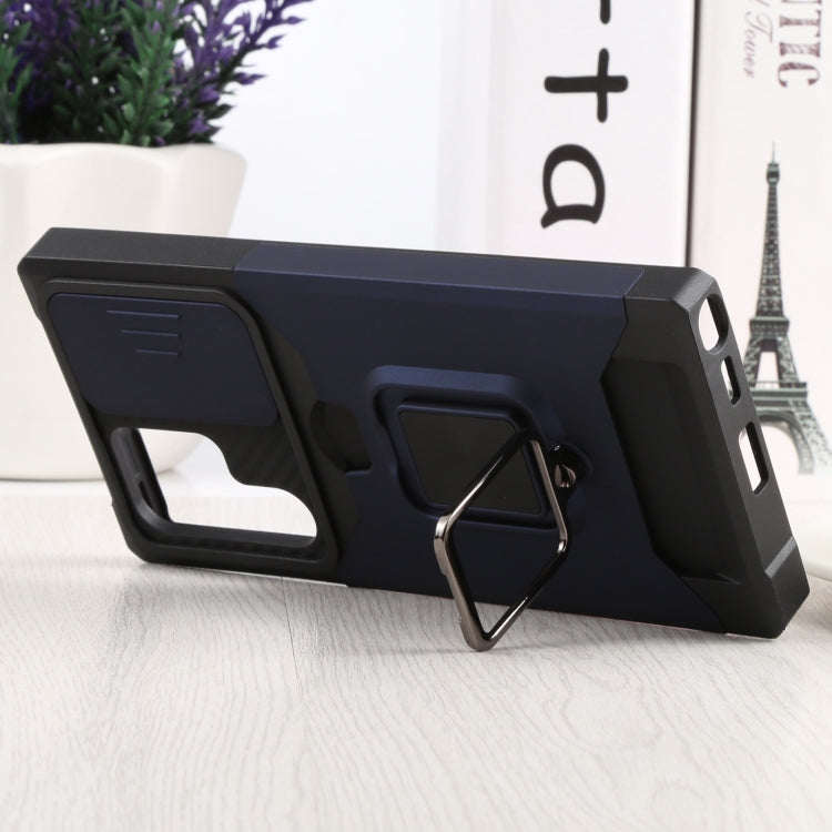 For Samsung Galaxy S22 Ultra 5G Sliding Camera Cover Design PC + TPU Shockproof Phone Case with Ring Holder & Card Slot(Blue) - Galaxy S22 Ultra 5G Cases by buy2fix | Online Shopping UK | buy2fix