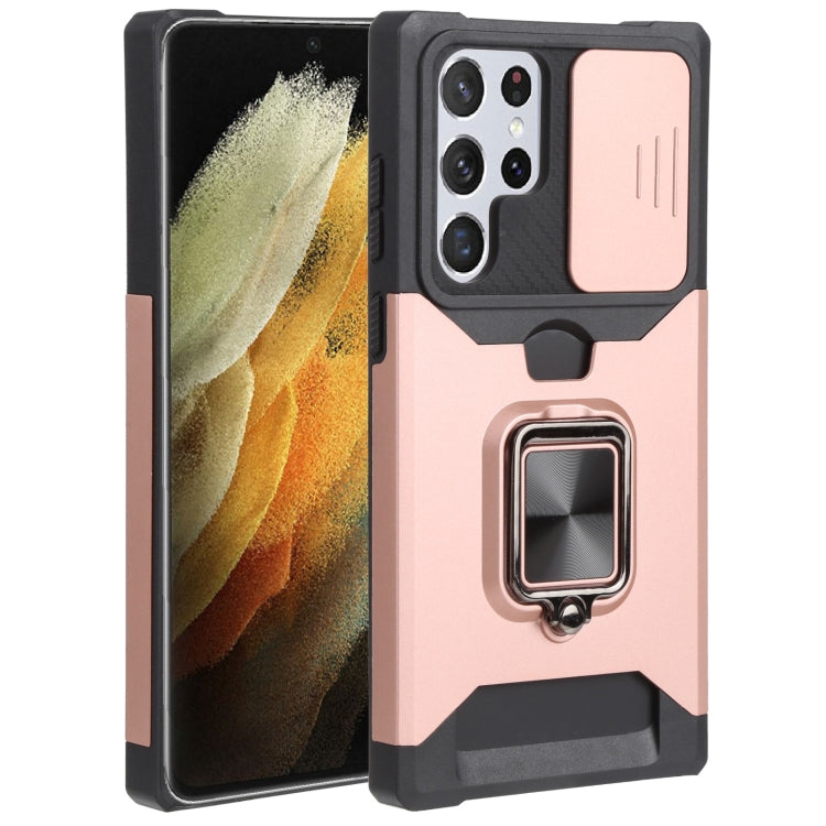 For Samsung Galaxy S22 Ultra 5G Sliding Camera Cover Design PC + TPU Shockproof Phone Case with Ring Holder & Card Slot(Rose Gold) - Galaxy S22 Ultra 5G Cases by buy2fix | Online Shopping UK | buy2fix