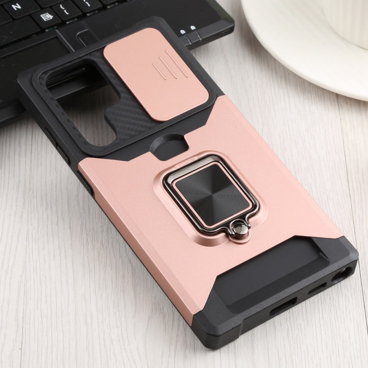 For Samsung Galaxy S22 Ultra 5G Sliding Camera Cover Design PC + TPU Shockproof Phone Case with Ring Holder & Card Slot(Rose Gold) - Galaxy S22 Ultra 5G Cases by buy2fix | Online Shopping UK | buy2fix