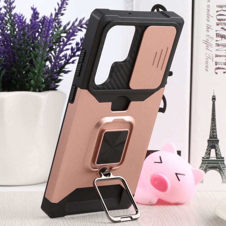 For Samsung Galaxy S22 Ultra 5G Sliding Camera Cover Design PC + TPU Shockproof Phone Case with Ring Holder & Card Slot(Rose Gold) - Galaxy S22 Ultra 5G Cases by buy2fix | Online Shopping UK | buy2fix