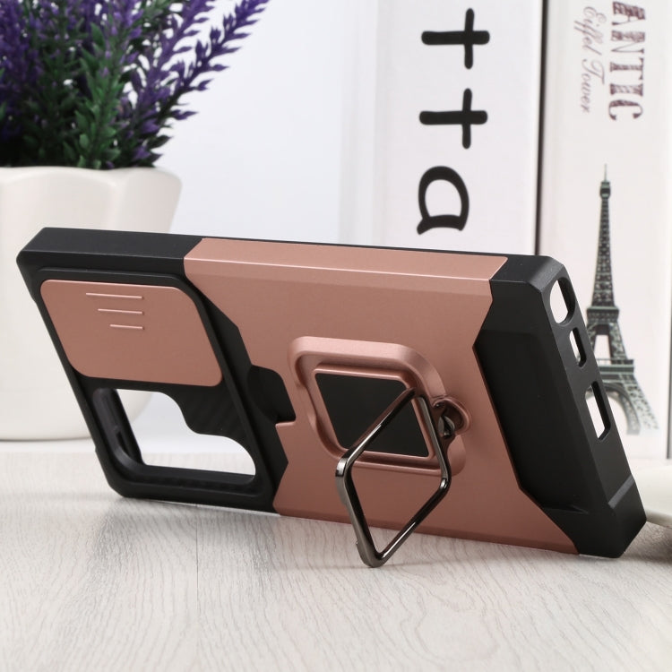 For Samsung Galaxy S22 Ultra 5G Sliding Camera Cover Design PC + TPU Shockproof Phone Case with Ring Holder & Card Slot(Rose Gold) - Galaxy S22 Ultra 5G Cases by buy2fix | Online Shopping UK | buy2fix