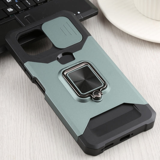 For Xiaomi Mi 11 Lite Sliding Camera Cover Design PC + TPU Shockproof Phone Case with Ring Holder & Card Slot(Dark Green) by buy2fix