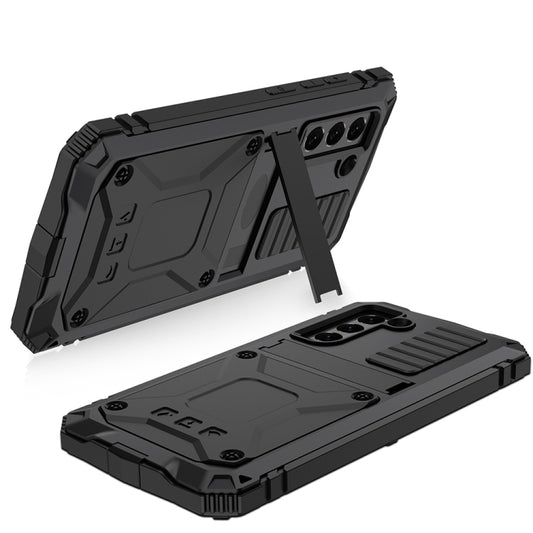 For Samsung Galaxy S21 FE R-JUST Rugged Phone Case with Holder(Black) by R-JUST