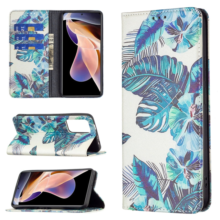 For Xiaomi Redmi Note 11 Pro 5G / 11 Pro+ 5G Colored Drawing Pattern Invisible Magnetic Leather Phone Case(Blue Leaf) - Xiaomi Cases by buy2fix | Online Shopping UK | buy2fix