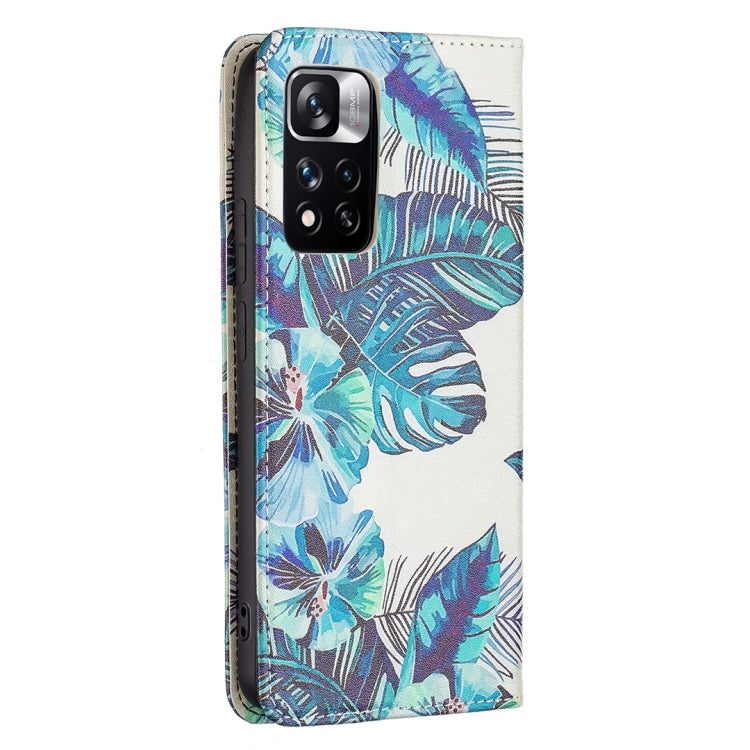For Xiaomi Redmi Note 11 Pro 5G / 11 Pro+ 5G Colored Drawing Pattern Invisible Magnetic Leather Phone Case(Blue Leaf) - Xiaomi Cases by buy2fix | Online Shopping UK | buy2fix
