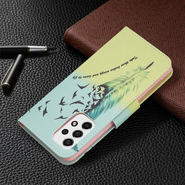 For Samsung Galaxy A53 5G Colored Drawing Pattern Leather Phone Case(Feather) by buy2fix
