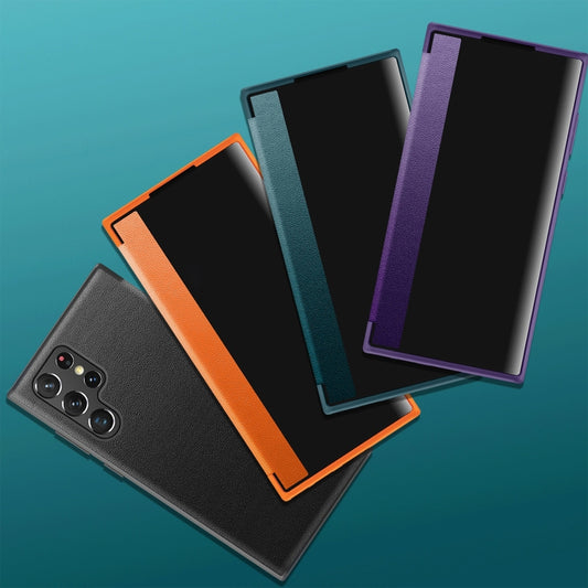 For Samsung Galaxy S22 Ultra 5G Window View Leather Phone Case(Orange) by buy2fix