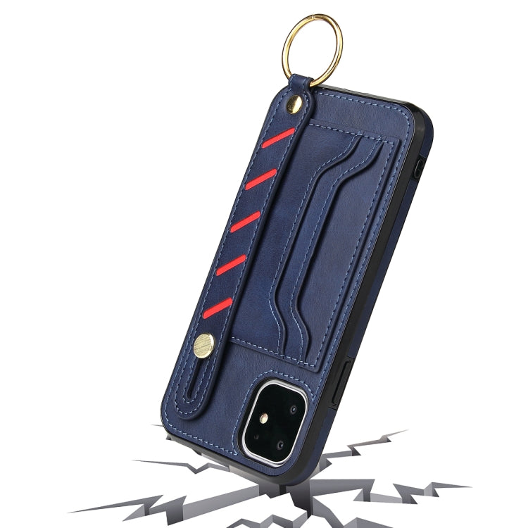 For iPhone 12 / 12 Pro Wristband Wallet Leather Phone Case(Blue) - iPhone 12 / 12 Pro Cases by buy2fix | Online Shopping UK | buy2fix