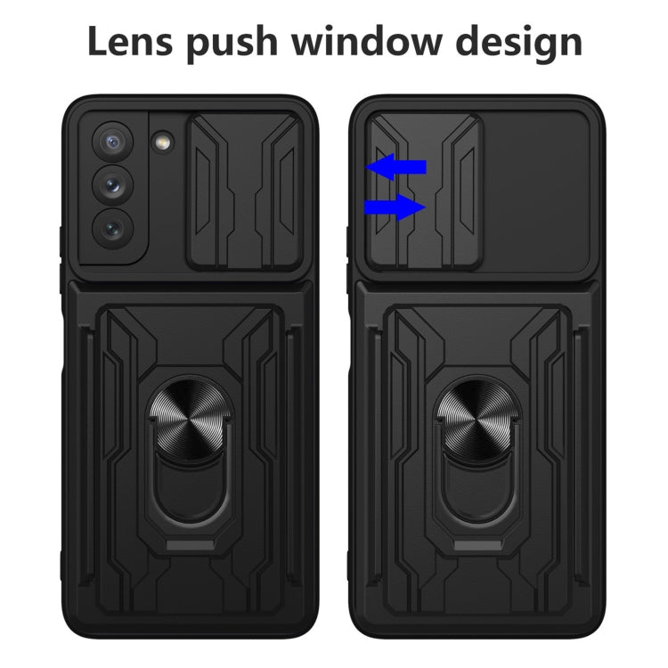 For Samsung Galaxy S21 FE 5G Camera Cover Phone Case with Card Slot & Holder(Black) by buy2fix