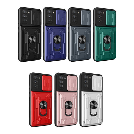 For Samsung Galaxy S21 FE 5G Camera Cover Phone Case with Card Slot & Holder(Rose Gold) by buy2fix