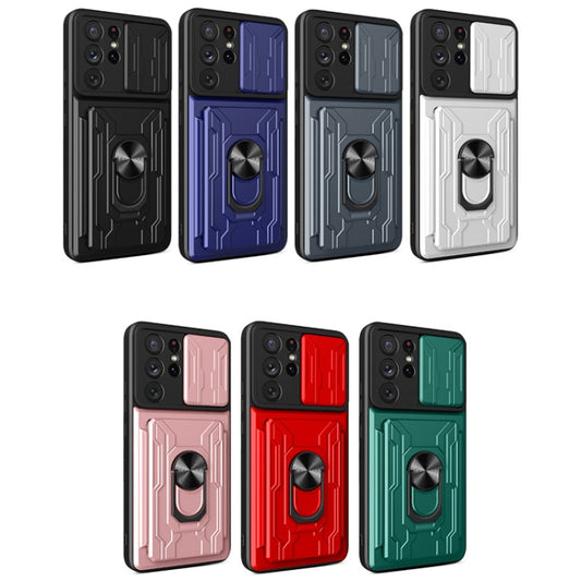 For Samsung Galaxy S21 Ultra 5G Camera Cover Phone Case with Card Slot & Holder(Black) by buy2fix