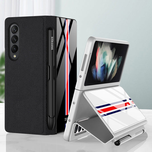 For Samsung Galaxy Z Fold3 5G GKK Flip Tempered Glass Phone Case with Pen Slot(Gold Line Black) by GKK