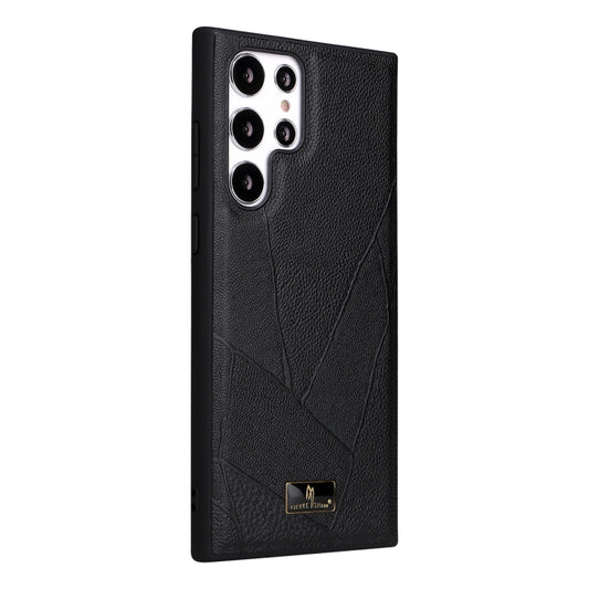 For Samsung Galaxy S22 Ultra 5G Fierre Shann Leather Texture Phone Back Cover Case(Ox Tendon Black) by FIERRE SHANN