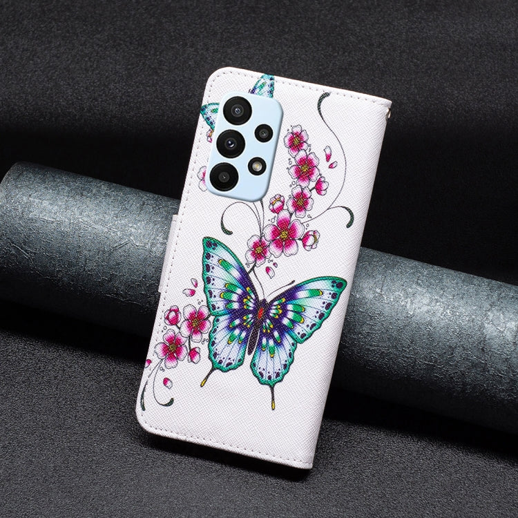 For Samsung Galaxy A23 5G Colored Drawing Pattern Flip Leather Phone Case(Peach Blossom Butterfly) - Galaxy Phone Cases by buy2fix | Online Shopping UK | buy2fix