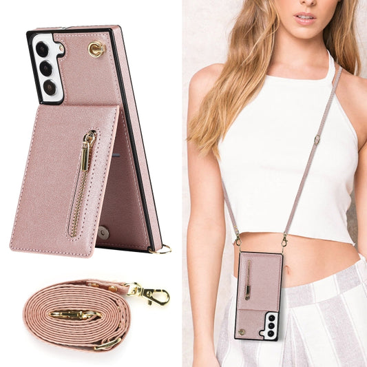 For Samsung Galaxy S22 5G Cross-body Square Zipper Card Holder Bag Phone Case(Rose Gold) - Galaxy S22 5G Cases by buy2fix | Online Shopping UK | buy2fix