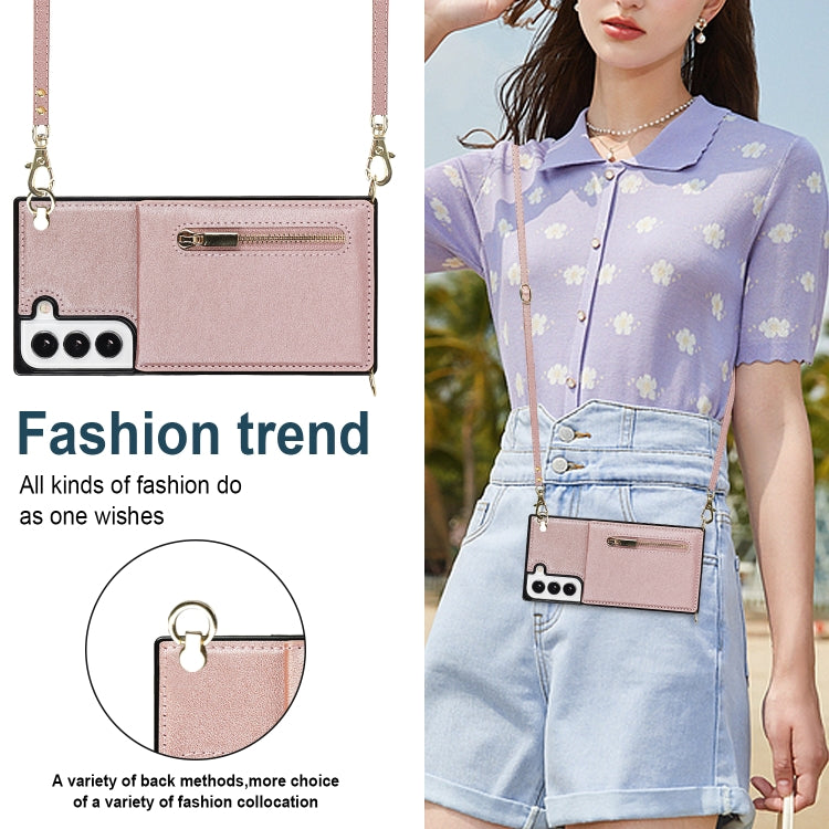 For Samsung Galaxy S22 5G Cross-body Square Zipper Card Holder Bag Phone Case(Rose Gold) - Galaxy S22 5G Cases by buy2fix | Online Shopping UK | buy2fix