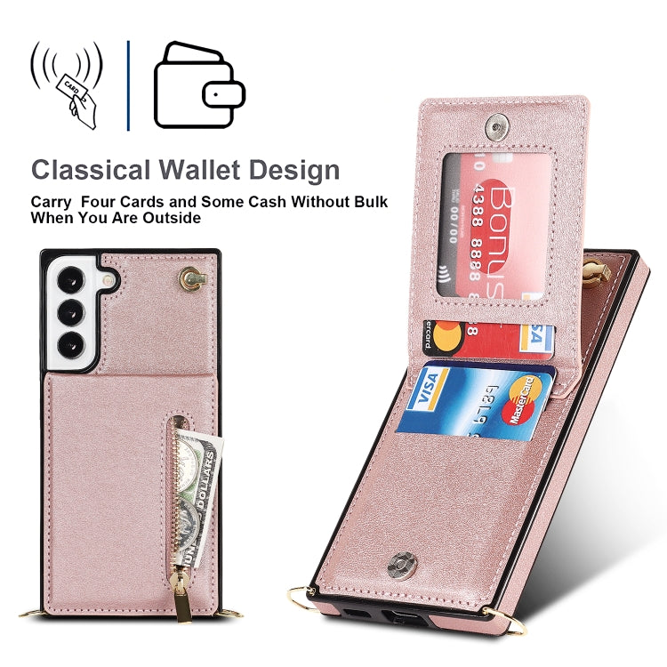 For Samsung Galaxy S22 5G Cross-body Square Zipper Card Holder Bag Phone Case(Rose Gold) - Galaxy S22 5G Cases by buy2fix | Online Shopping UK | buy2fix